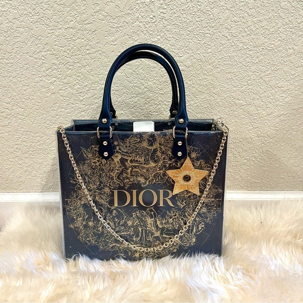 Dior Shopping Tote Bag with PVC Cover Crossbody Chain and Star Charm Gold Blue